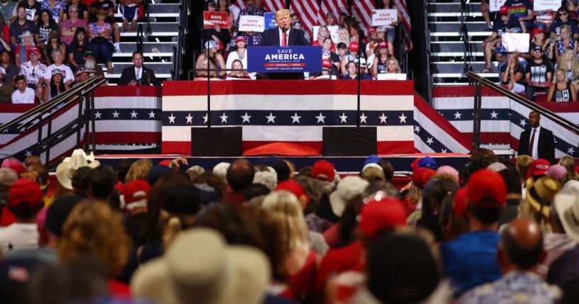 Former President Donald Trump speaks to the crowd at a rally in support of Arizona GOP candidates on July 22 in Prescott Valley, Arizona.