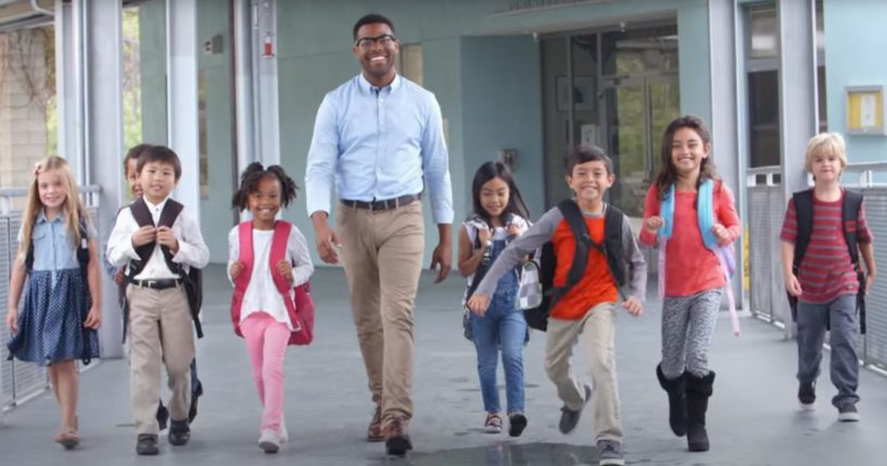 The ad portrays educators as smiling and confident, but parents as hostile and disagreeable.