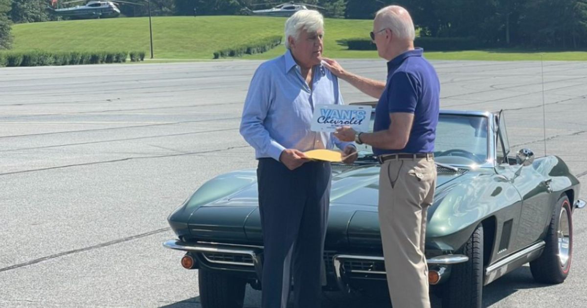 President Joe Biden and comedian Jay Leno talk Friday during taping for an upcoming episode of "Jay Leno’s Garage."