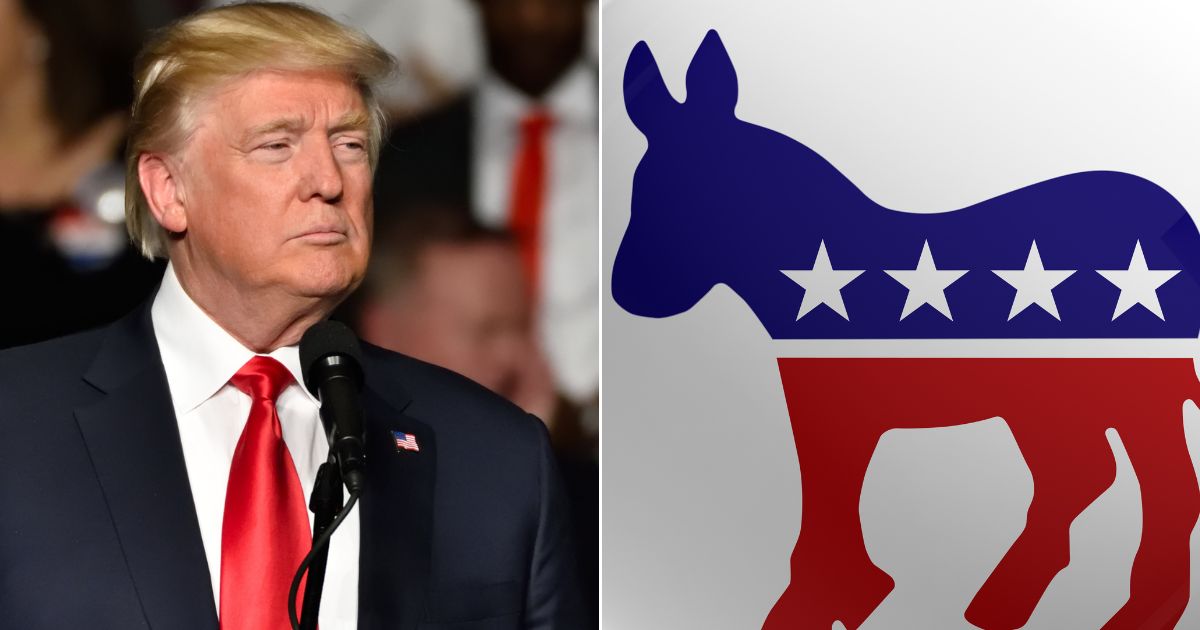 Former President Donald Trump, left; Democratic Party donkey logo, right.