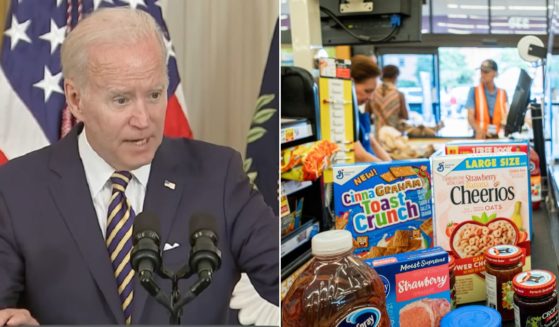 President Joe Biden, left; groceries in a supermarket, right.
