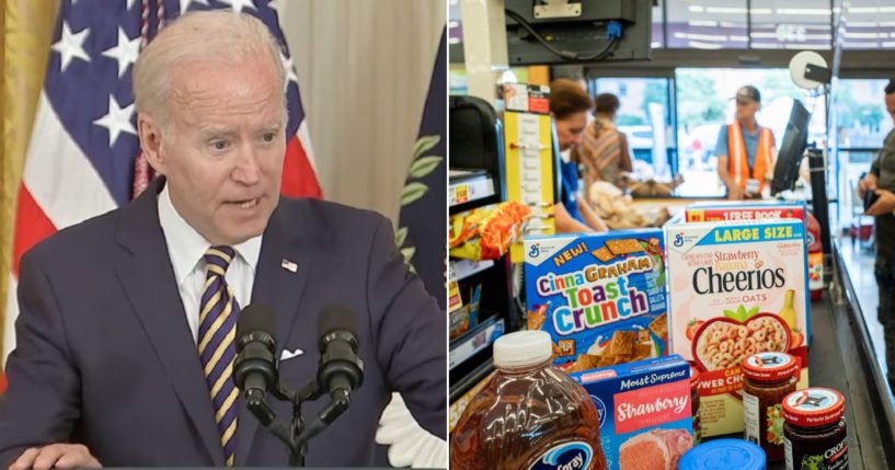 President Joe Biden, left; groceries in a supermarket, right.