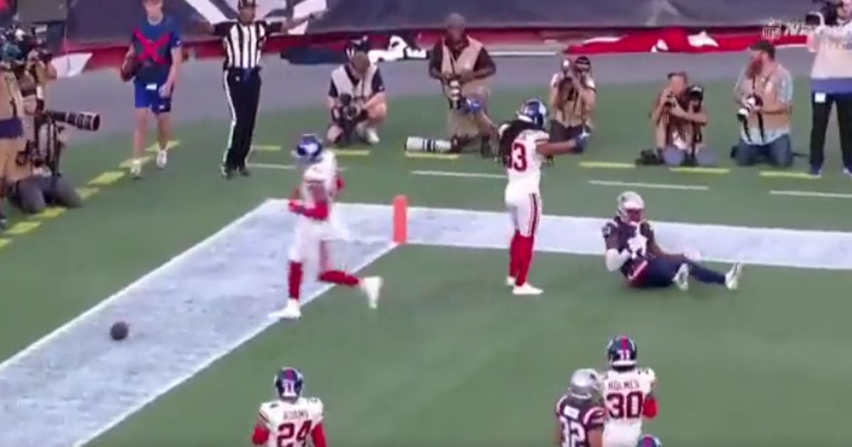 New York Giants cornerback Aaron Robinson (33) was called for taunting on this play after he broke up a pass intended for New England Patriots wide receiver Kristian Wilkerson in the teams' preseason game on Thursday night.