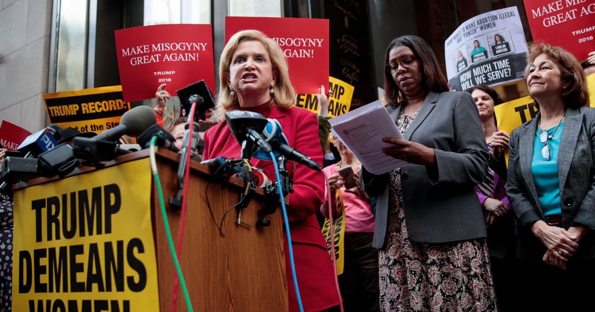 New York Democratic Rep. Carolyn Maloney is pictured in October 2016 speaking at a New York City rally accusing then-candidate Donald Trump's presidential campaign of "misogyny."