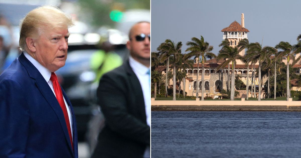Former President Donald Trump, left; the exterior of the Mar-a-Lago Club, right.