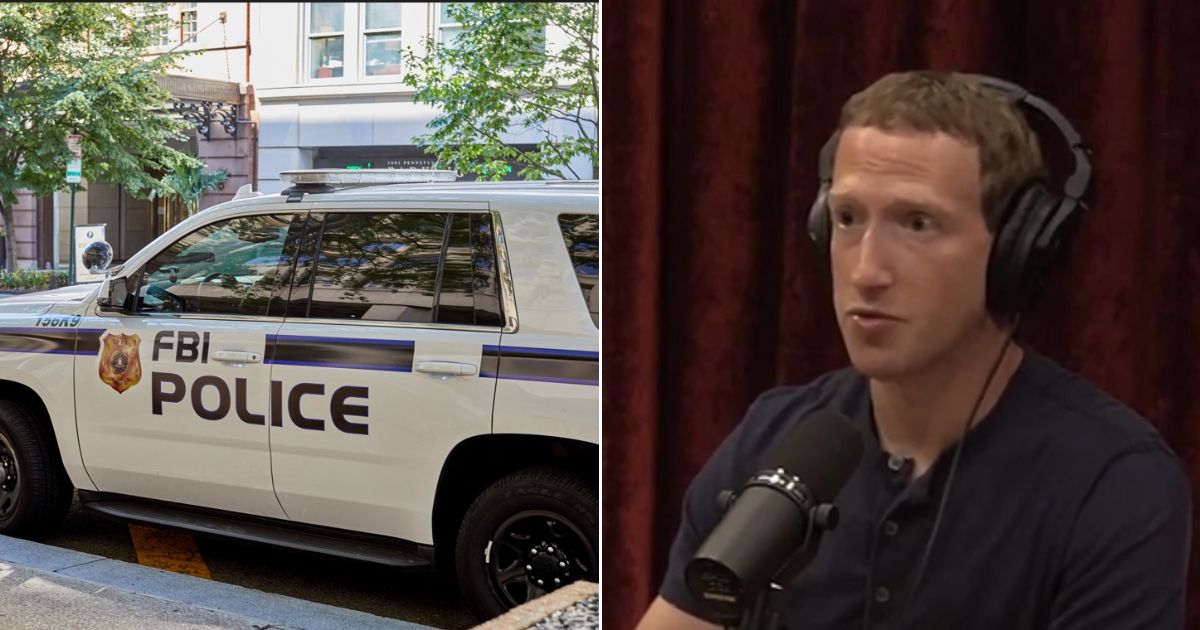 An FBI police car, left; Meta CEO Mark Zuckerberg, right.