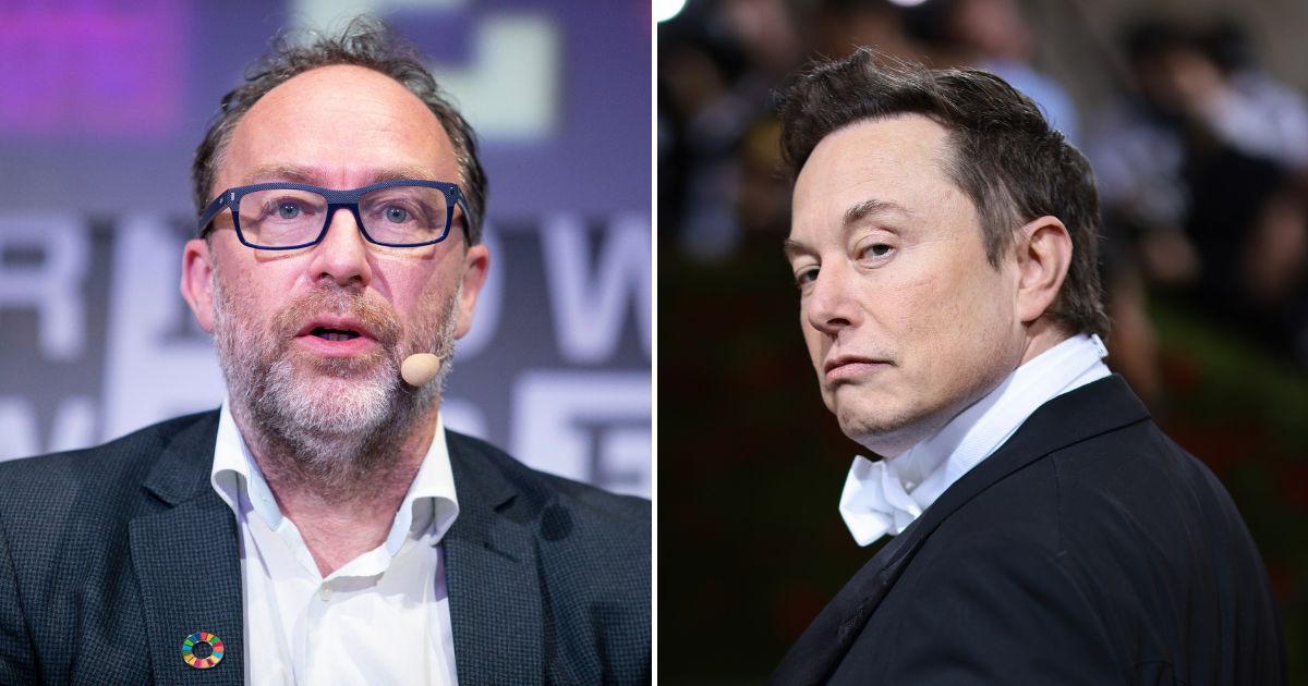 After Wikipedia changed the definition of recession, Elon Musk, right, called out the company in a tweet, prompting founder Jimmy Wales, left, to respond to the Tesla and SpaceX CEO on Twitter.