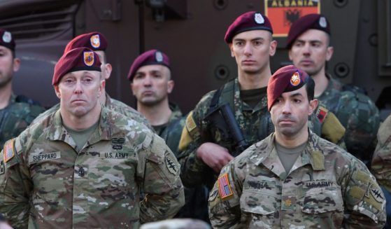 Albania's Special Armed Forces and U.S. army soldiers attend a ceremony marking the opening of the forward-based headquarters in Albania of the US Special Operations Command Europe (SOCEUR) on March 9.