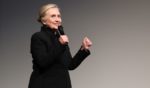 Hillary Clinton speaks during the "Below The Belt" New York Premiere at the Museum of Modern Art on May 24 in New York City.
