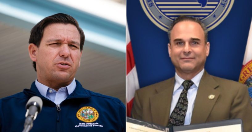 Gov. Ron DeSantis, left, bows out of a fundraiser to attend the memorial service of Special Agent Jose Perez, right.