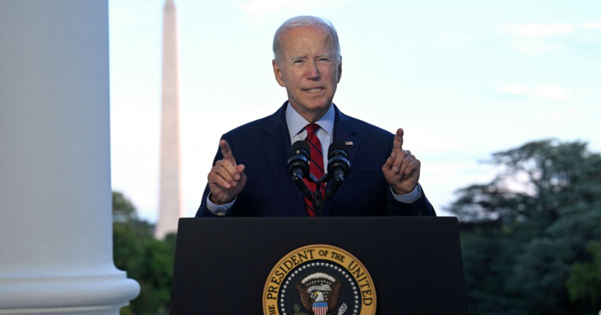 President Joe Biden speaks from the Blue Room balcony of the White House in Washington, D.C., on Monday.