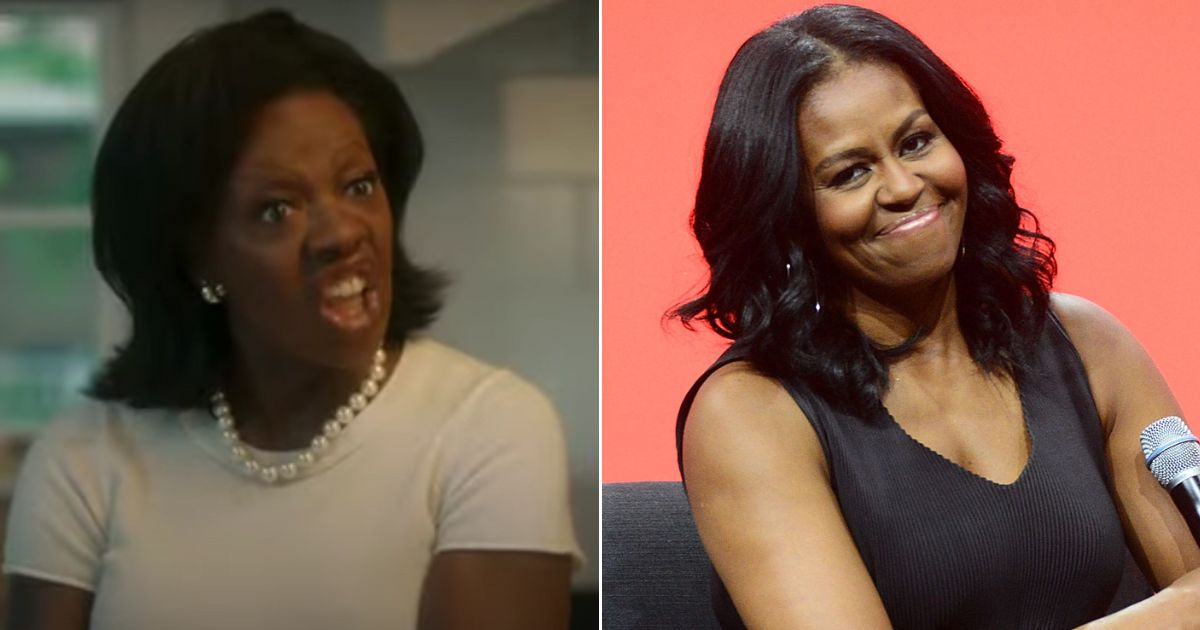 The above image is a side by side of an actress, left, that portrays former First Lady Michelle Obama, right in a TV show titled "The First Lady".