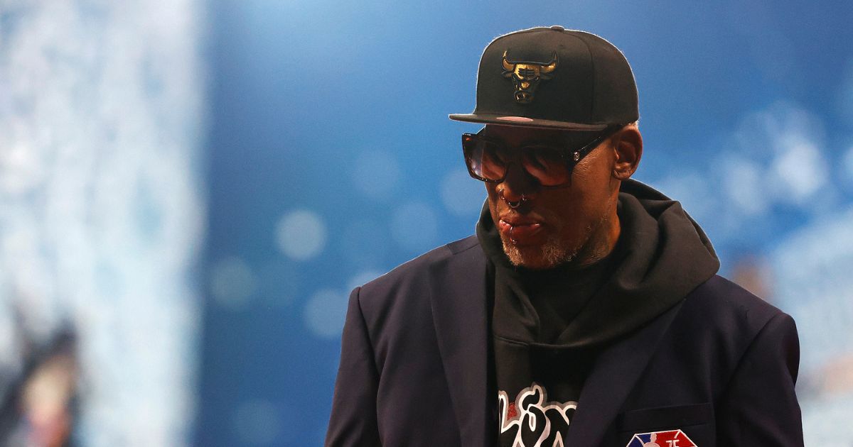 Dennis Rodman reacts after being introduced as part of the NBA 75th Anniversary Team during the 2022 NBA All-Star Game at Rocket Mortgage Fieldhouse on Feb. 20 in Cleveland, Ohio.