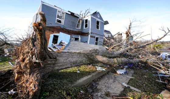 An overturned tree sits in front of a tornado-damaged home in Mayfield, Ky., on Dec. 11, 2021. (AP Photo/Mark Humphrey, File)