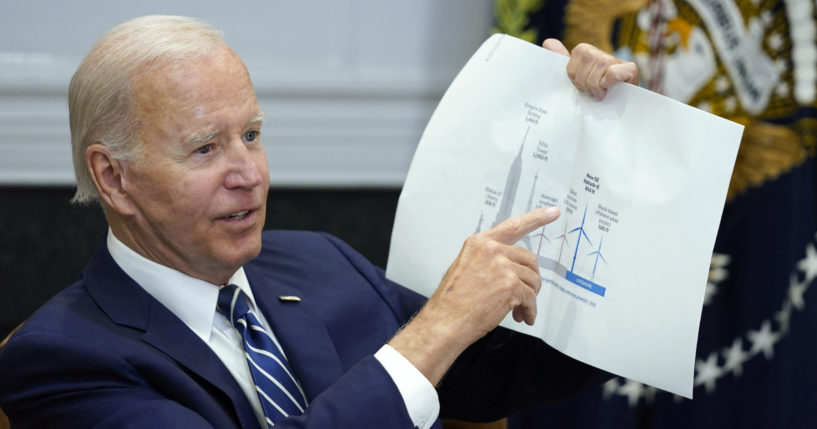 President Joe Biden points to a wind turbine size comparison chart during a meeting in the Roosevelt Room of the White House in Washington on June 23.