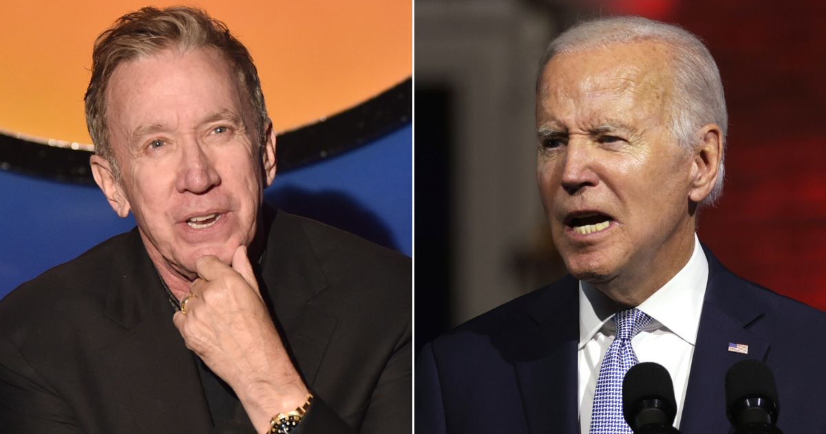 At left, Tim Allen performs at the Laugh Factory in West Hollywood, California, on Nov. 4, 2021. At right, President Joe Biden speaks at Independence National Historical Park in Philadelphia on Sept. 1.