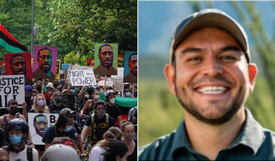New Mexico Democratic Congressional candidate Gabe Vasquez, right, participated in a BLM protest, similar to the one of the left, in 2020, where he went on an anti-law enforcement rant.