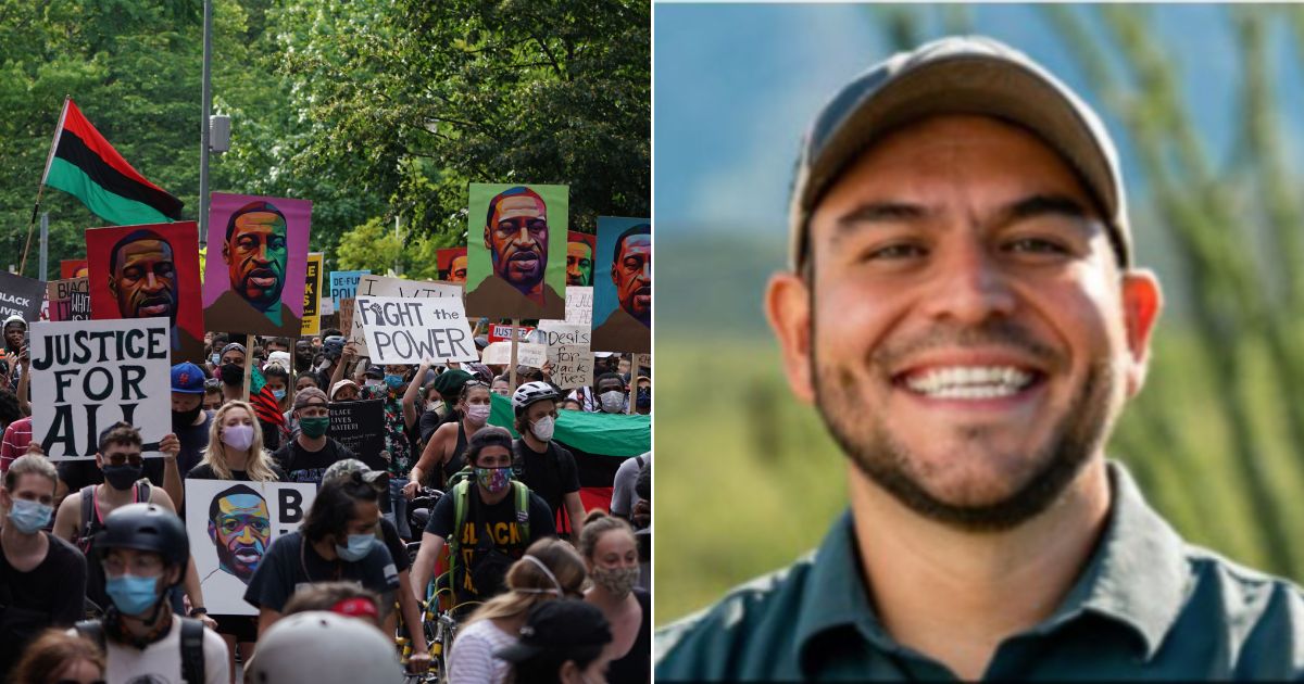 New Mexico Democratic Congressional candidate Gabe Vasquez, right, participated in a BLM protest, similar to the one of the left, in 2020, where he went on an anti-law enforcement rant.