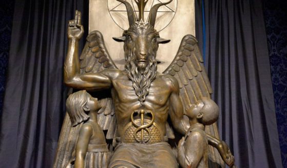 The Baphomet statue is displayed in the conversion room of the Satanic Temple in Salem, Massachusetts.