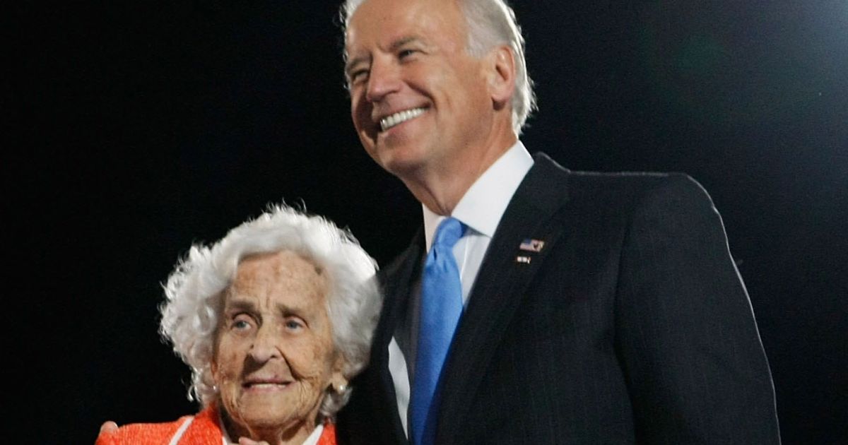 Then-Vice President elect Joe Biden, right, stands with his mother Catherine Eugenia Finnegan, left, during an election night gathering in Chicago, Illinois, on Nov. 8, 2008.