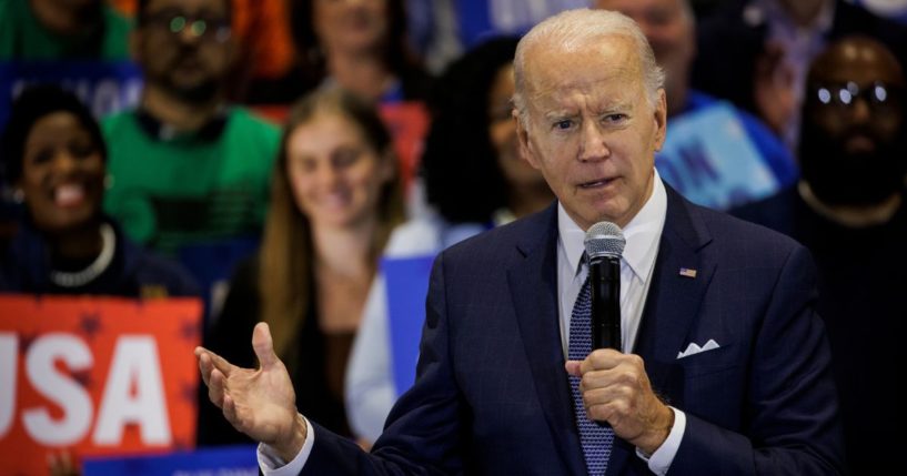 President Joe Biden speaks during a Democratic National Committee event at the headquarters of the National Education Association Friday in Washington, D.C.