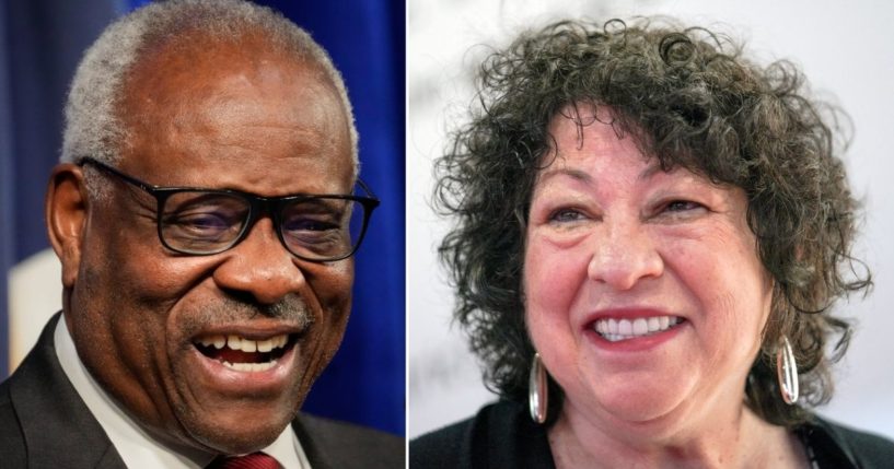 Supreme Court Justice Clarence Thomas, left, speaks at The Heritage Foundation on Oct. 21, 2021, in Washington, D.C. Supreme Court Justice Sonia Sotomayor speaks on Sept. 8 in New York.