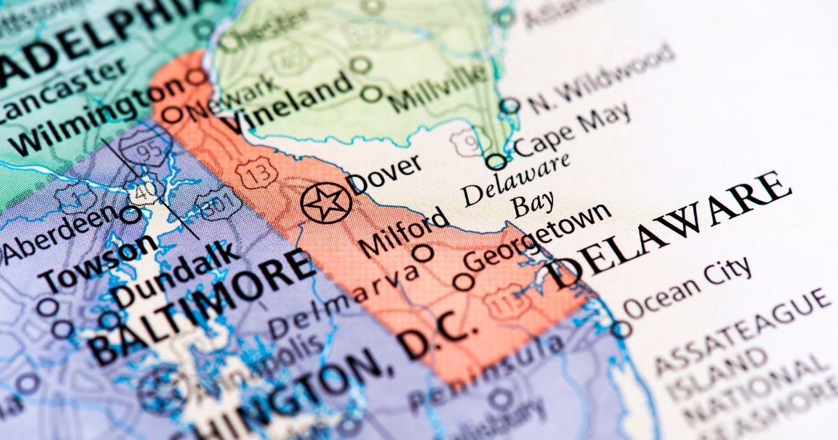 A map of Delaware is seen in this stock image.