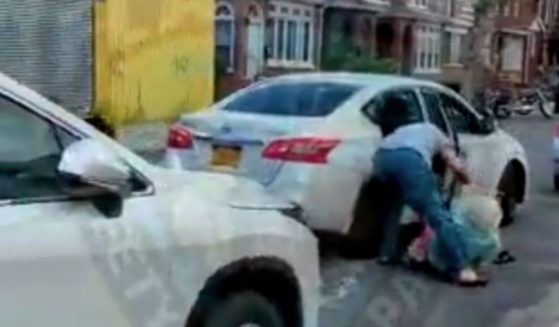 A bystander filmed and jumped in to save a 78-year-old woman who was pulled out of the back seat of a car and allegedly robbed by a hired driver in New York City.