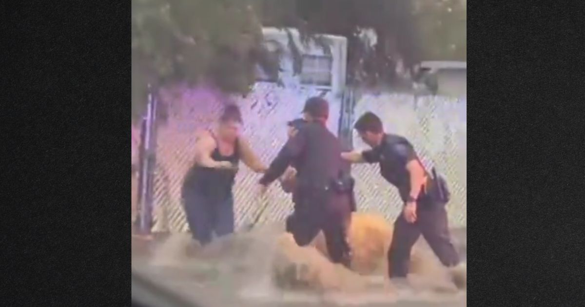 The officers struggled to stay on their feet in the flash flood as they helped a woman and her two children who were swept away by the fast-moving water.