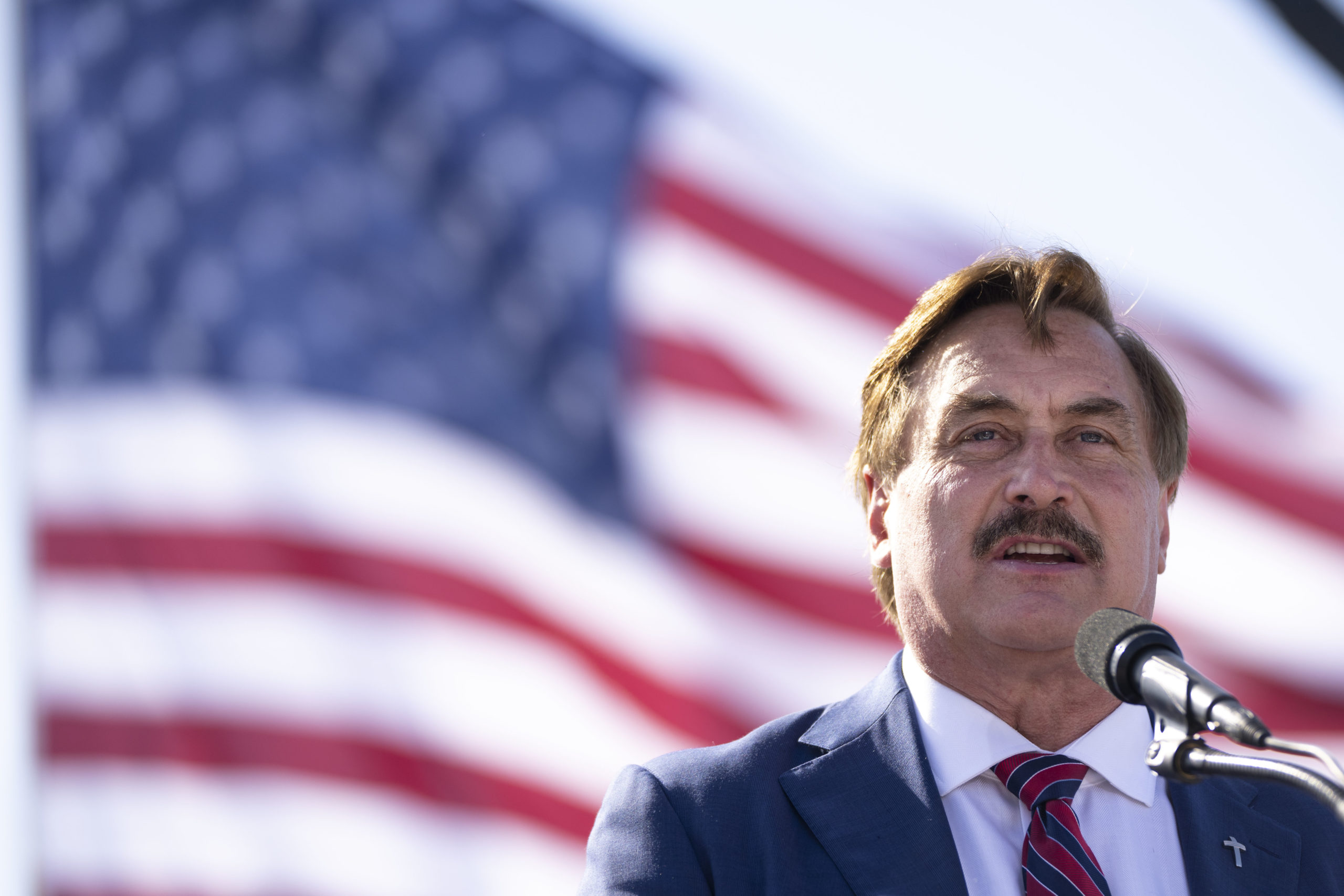 Mike Lindell, CEO of MyPillow, speaks during a rally hosted by former President Donald Trump at the Delaware County Fairgrounds in Delaware, Ohio, on April 23.