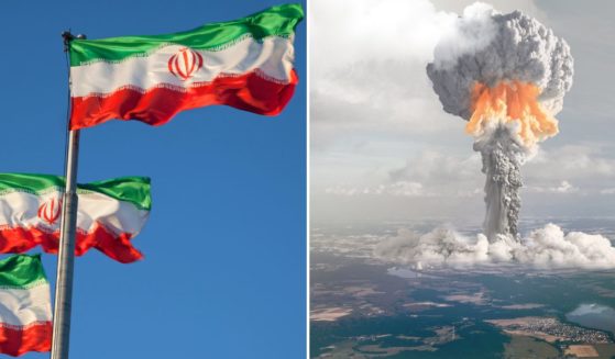 Iran flags side by side with a mushroom cloud