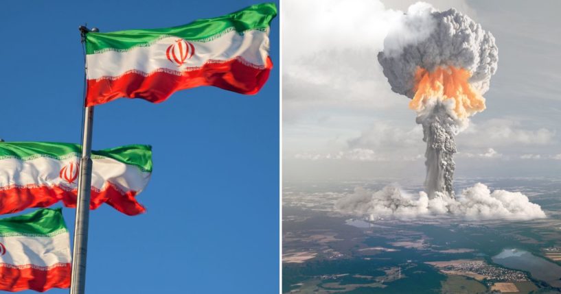 Iran flags side by side with a mushroom cloud