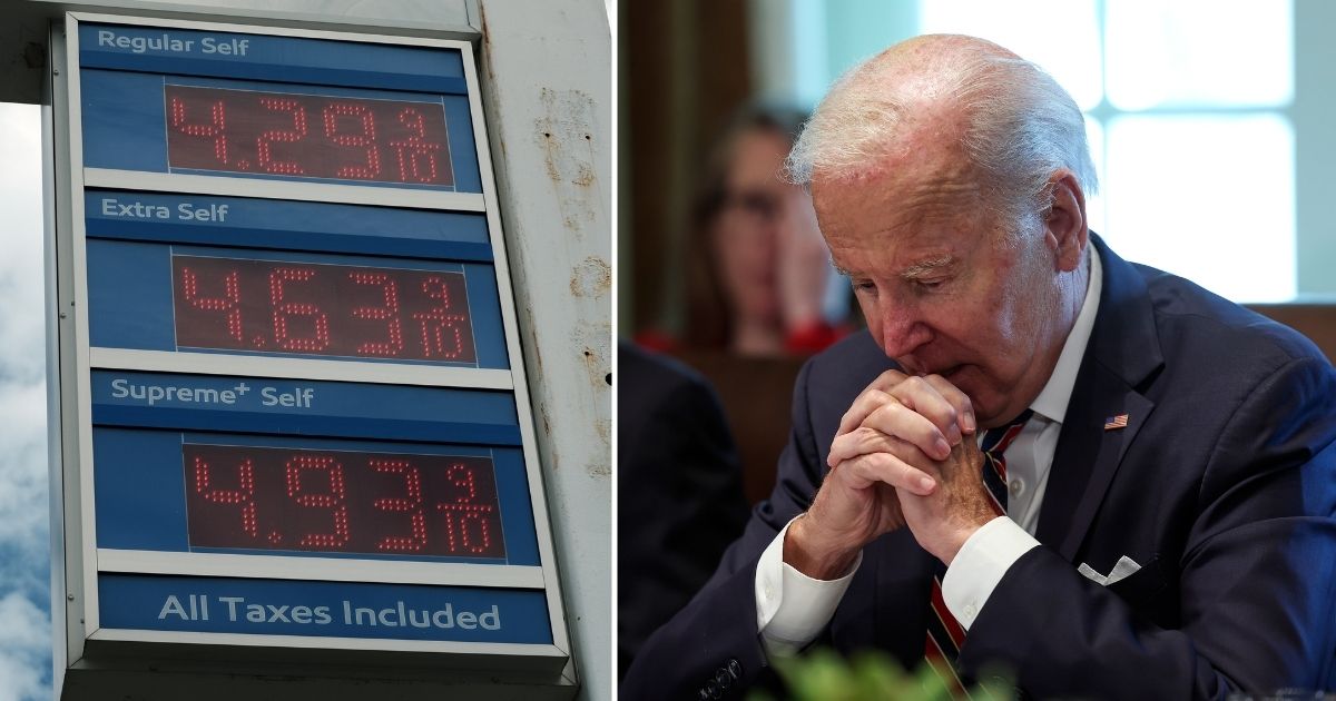 Prices are displayed at a gas station in the Brooklyn borough on Aug. 11 in New York City. President Joe Biden delivers remarks during a Cabinet meeting at the White House on Tuesday in Washington, D.C.