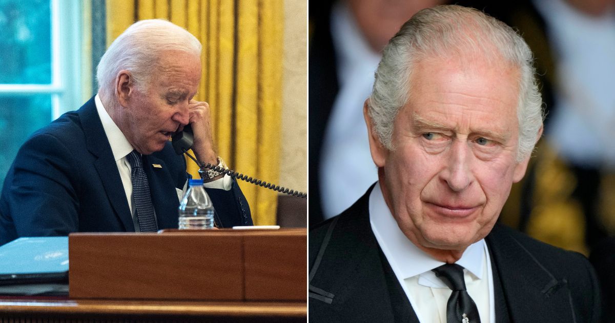 At left, President Joe Biden talks on the phone in the Oval Office of the White House in Washington on Dec. 9, 2021. At right, King Charles III leaves Westminster Hall in London on Monday.