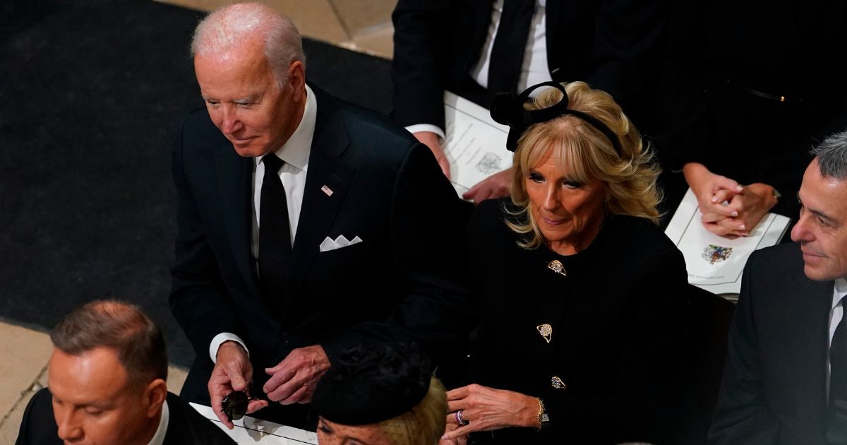 President Joe Biden and first lady Jill Biden arrive for the funeral of Queen Elizabeth II at Westminster Abbey in London on Monday.