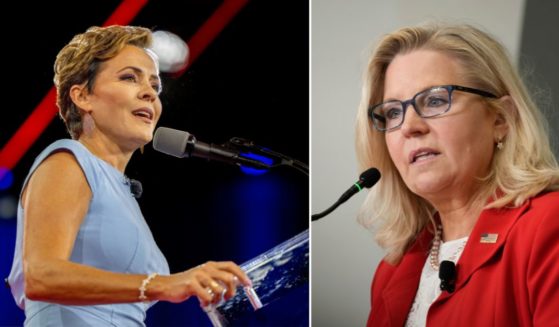 Republican nominee for Arizona governor Kari Lake, left, speaks at the Conservative Political Action Conference on Aug. 6 in Dallas, Texas. Rep. Liz Cheney speaks at the American Enterprise Institute on Sept. 19 in Washington, D.C.