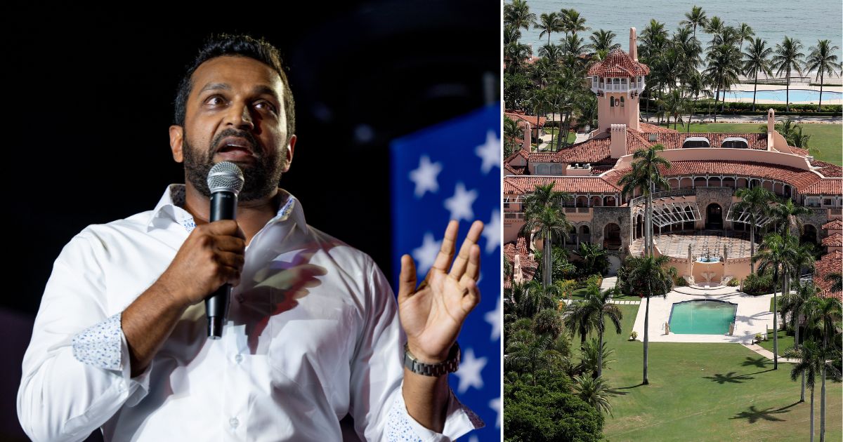 Kash Patel speaks during a campaign event for Republican candidates on July 31 in Tucson, Arizona. Former President Donald Trump's Mar-a-Lago estate is seen on Sept. 14 in Palm Beach, Florida.