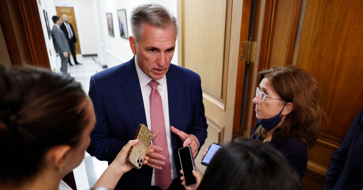 House Minority Leader Kevin McCarthy talks to reporters at the U.S. Capitol on Aug. 12 in Washington, DC.
