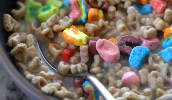 A spoon scoops up some Lucky Charms cereal from a bowl in San Anselmo, California, on April 18.