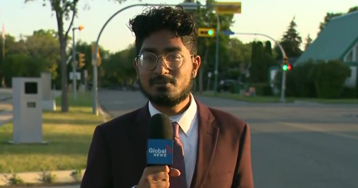 Global Regina reporter Matthew Rodrigopulle reporting on camera