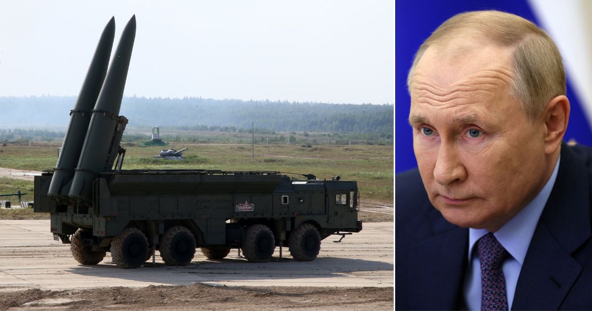 At left, a Russian Iskander-E missile launcher is displayed during the International Military Technical Forum in Patriot Park, outside of Moscow, on Aug. 17. At right, Russian President Vladimir Putin takes part in a video conference at the Kremlin in Moscow on Thursday.