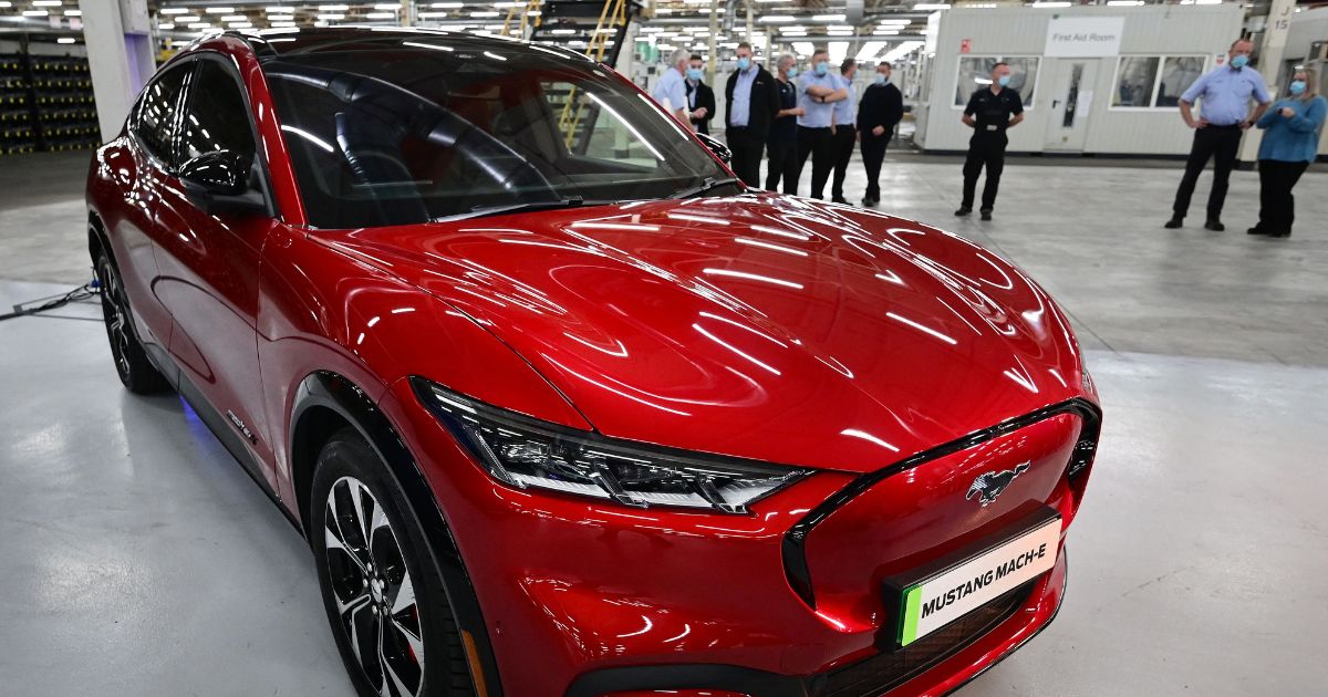 A Ford Mustang Mach-E car is seen at Ford's Halewood plant in Liverpool, England, on Oct. 18, 2021.