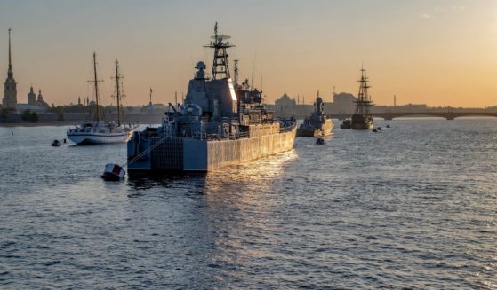 Russian naval ships are on the Neva in Saint Petersburg, Russia, on July 26, 2021.