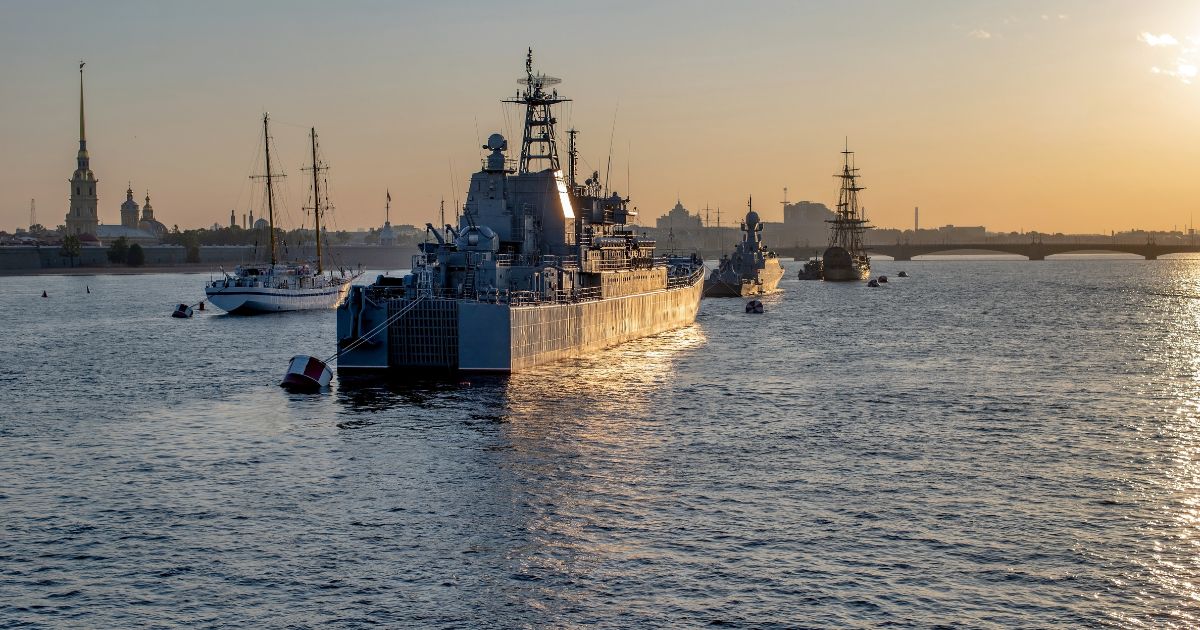 Russian naval ships are on the Neva in Saint Petersburg, Russia, on July 26, 2021.