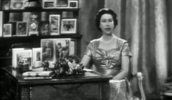 Queen Elizabeth delivers her Christmas greeting by television in 1957