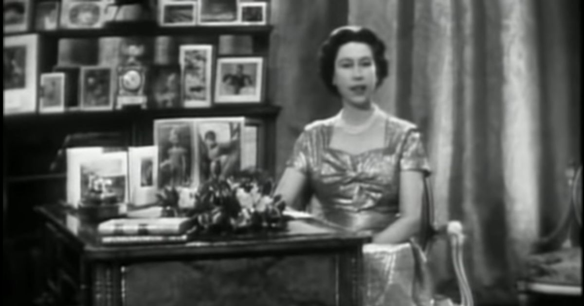 Queen Elizabeth delivers her Christmas greeting by television in 1957