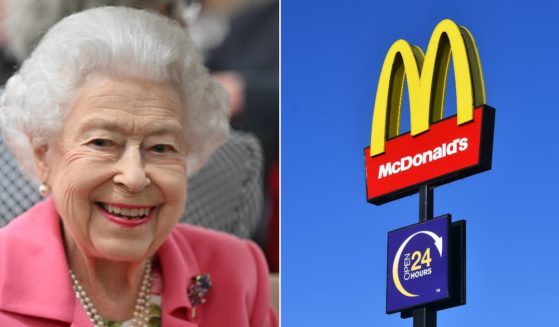 At left, Queen Elizabeth II visits the Chelsea Flower Show at the Royal Hospital Chelsea in London on May 23. At right, the McDonald's Golden Arches are seen outside one of the fast-food chain's 24-hour restaurants in Stoke-on-Trent, Staffordshire, England, on Nov. 13, 2020.
