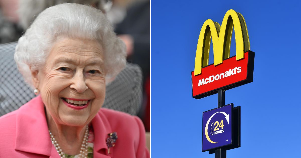 At left, Queen Elizabeth II visits the Chelsea Flower Show at the Royal Hospital Chelsea in London on May 23. At right, the McDonald's Golden Arches are seen outside one of the fast-food chain's 24-hour restaurants in Stoke-on-Trent, Staffordshire, England, on Nov. 13, 2020.