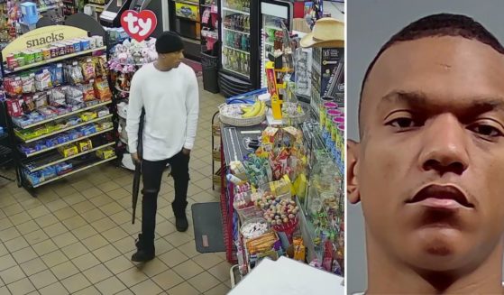 a man, allegedly Rakim Stephen Tate, pacing in a convenience store with a shotgun, side-by-side with Tate's mugshot