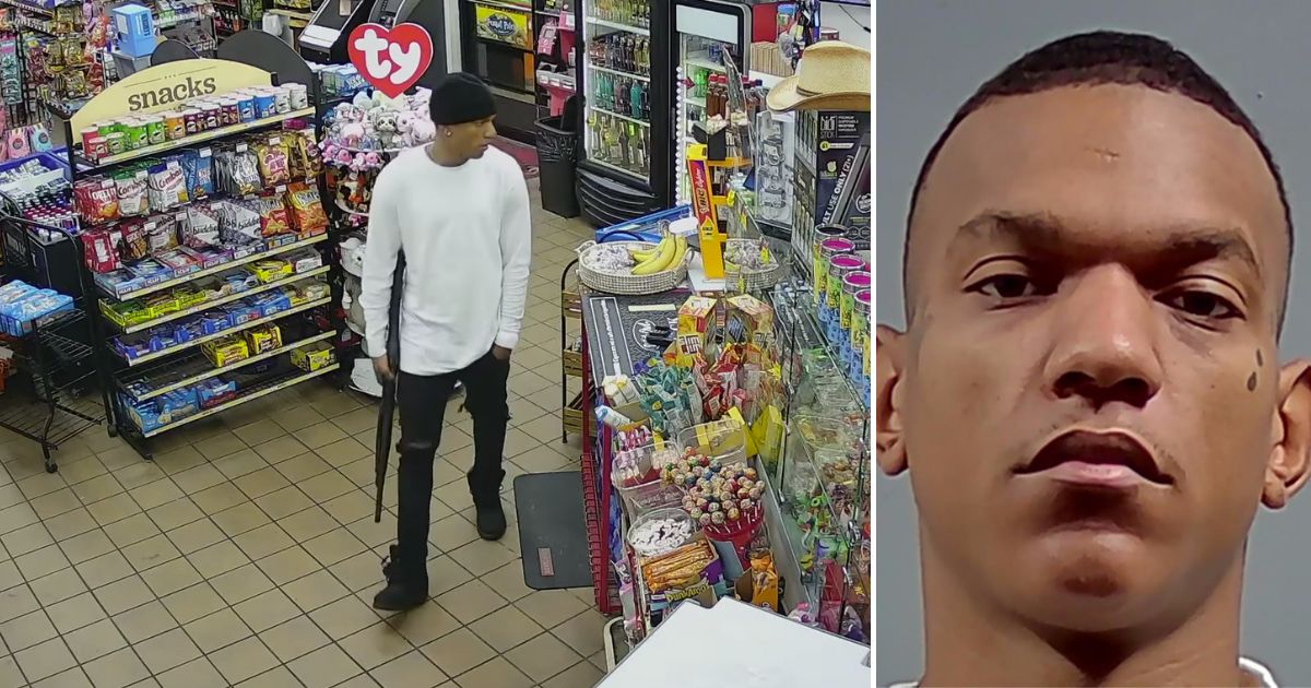 a man, allegedly Rakim Stephen Tate, pacing in a convenience store with a shotgun, side-by-side with Tate's mugshot